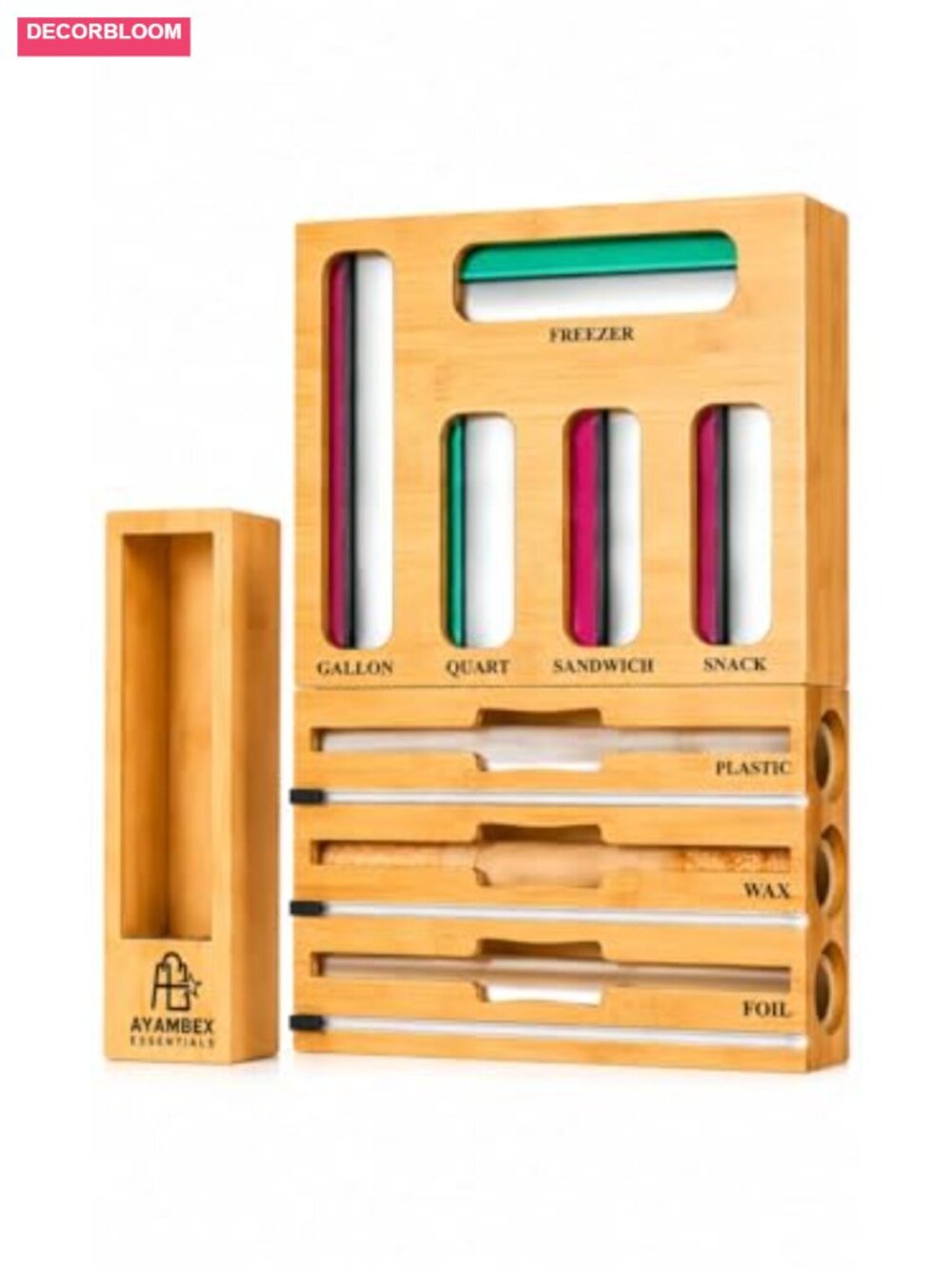 9-in-1 Bamboo Kitchen Drawer Organizer Bag Holder with Foil & Wrap Cutter